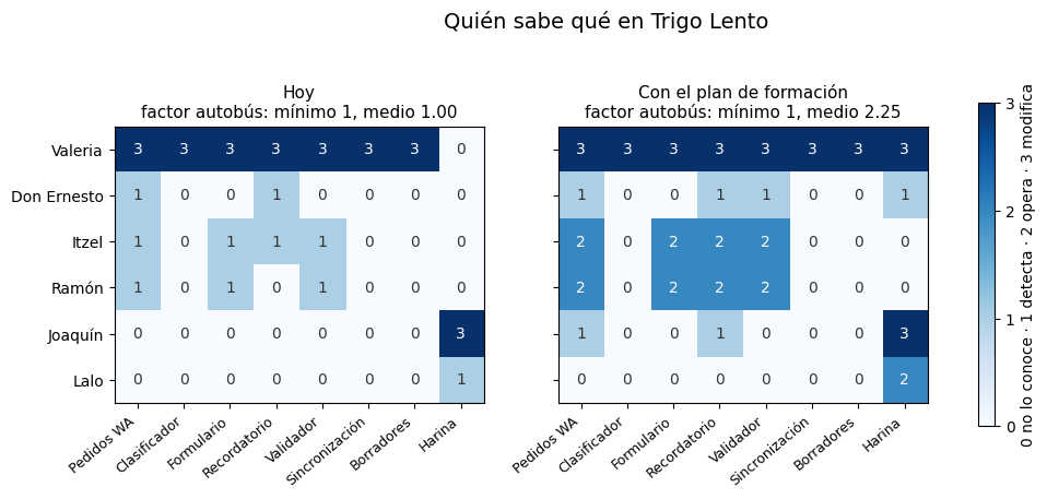 Gráfica: La matriz de conocimientos. Matriz de conocimientos, factor autobús por flujo y plan de formación