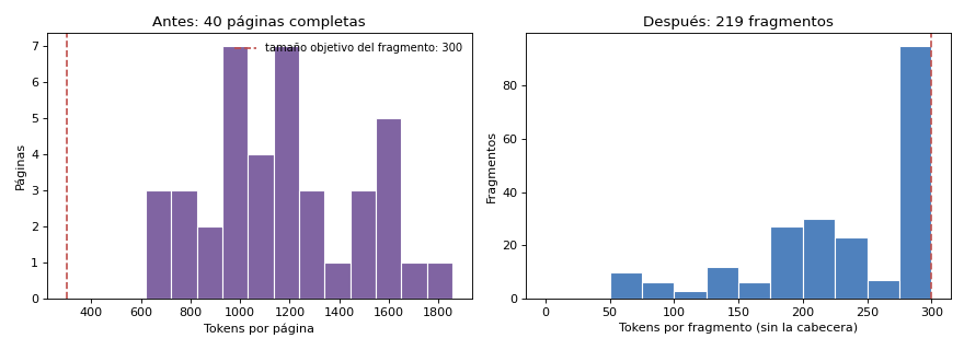 Gráfica: Fragmentos con solapamiento. Aplanado de bloques en texto y división en fragmentos de 300 tokens con solapamiento de 50