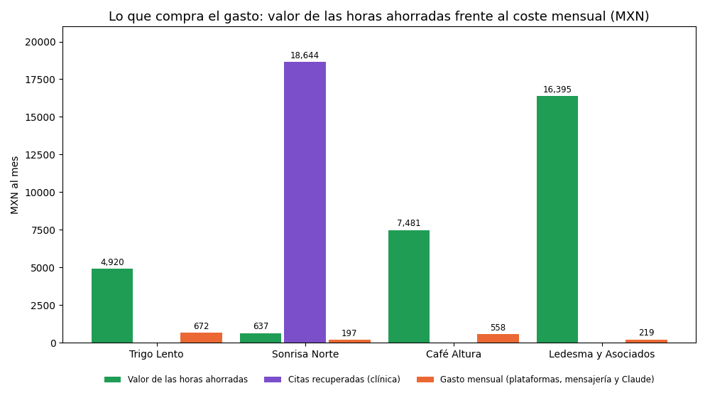 Gráfica: Lo que se transfiere y lo que no. Horas ahorradas al mes por proceso y su valor con la hora de cada negocio frente al gasto mensual