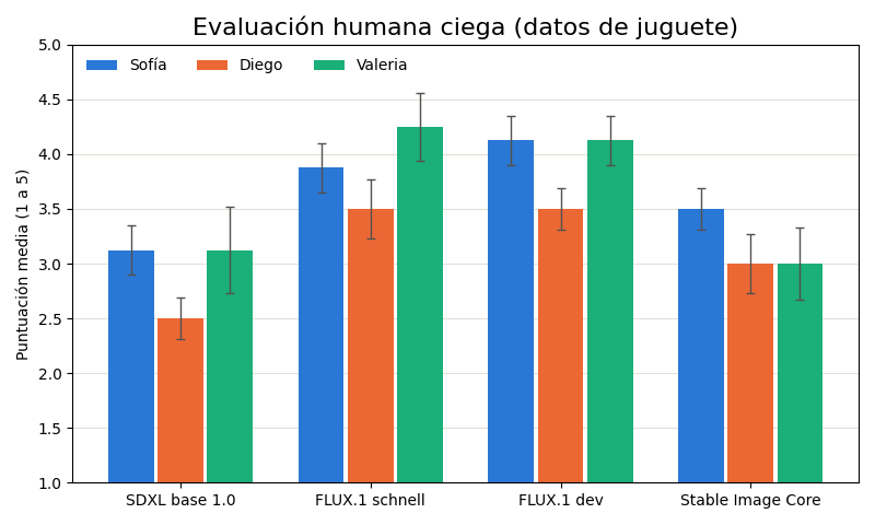 Gráfica: El protocolo y las puntuaciones. Evaluación humana ciega con puntuaciones de juguete