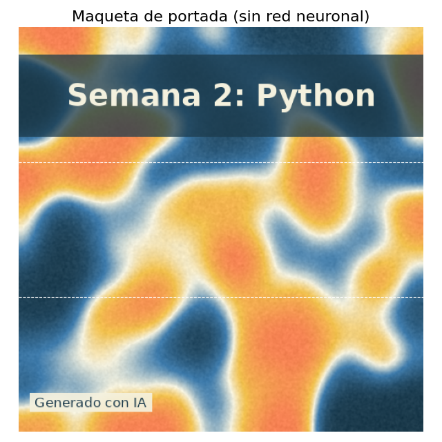 Gráfica: Etapa 3: el título y la etiqueta. Maqueta de portada sin red neuronal: ruido suavizado, paleta, título y etiqueta
